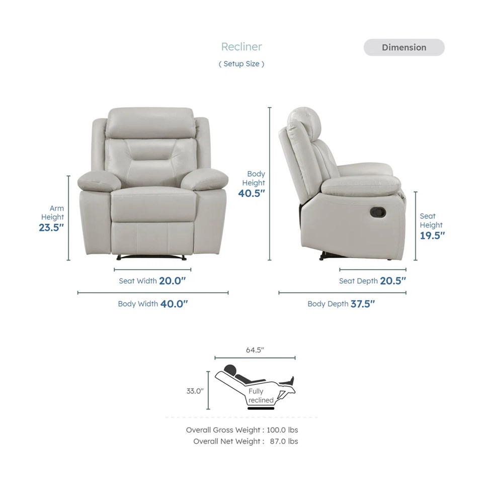 HOME LEGANCE GENUINE LEATHER MANUAL RECLINER GREY image 3