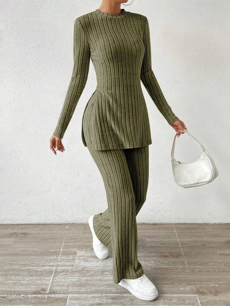 Army green Ribbed 2 pcs lounge wear image 3