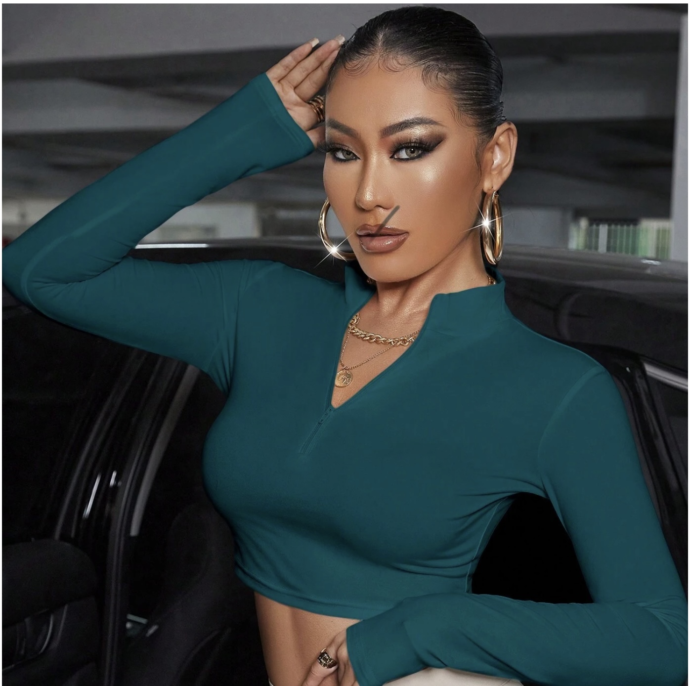 Plain stand collar zippered long sleeve crop top image 2